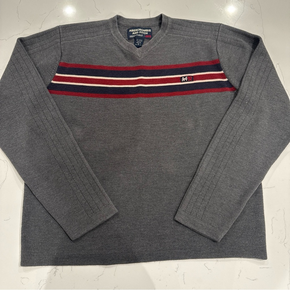 Vtg Abercrombie & Fitch Gray Muscle Sweater, A&F 92, XL, Chest Stripes w/Logo